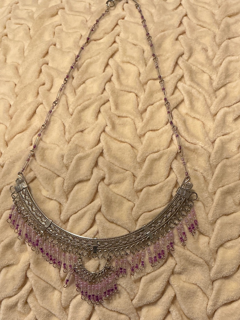 Source Unknown Silver-Tone Necklace with Purple Bead Fringe